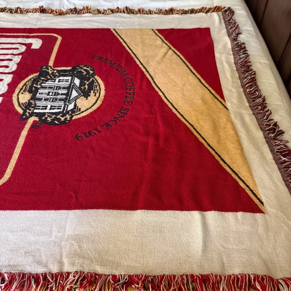 Community Coffee Dark Roast Woven Tapestry Throw Blanket Red Fringed Edge Retro